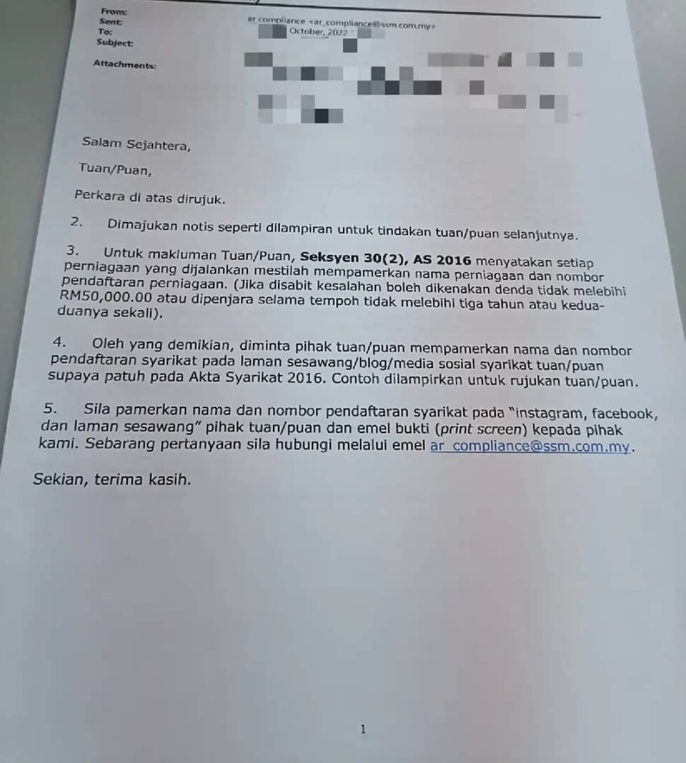 ssm warn letter for not displaying company registration number on website